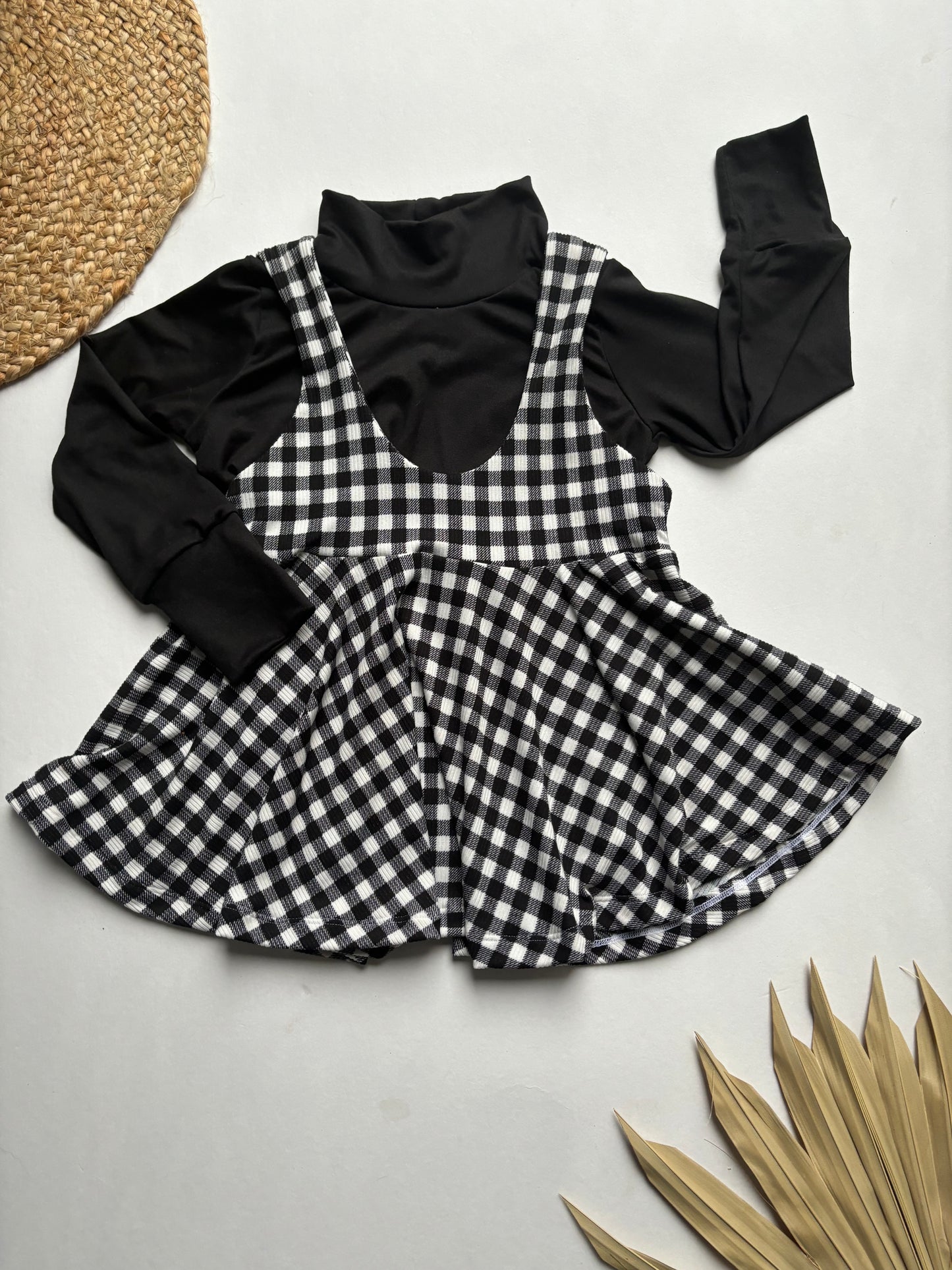 Black and White Mock Neck LS and Pinafore Dress